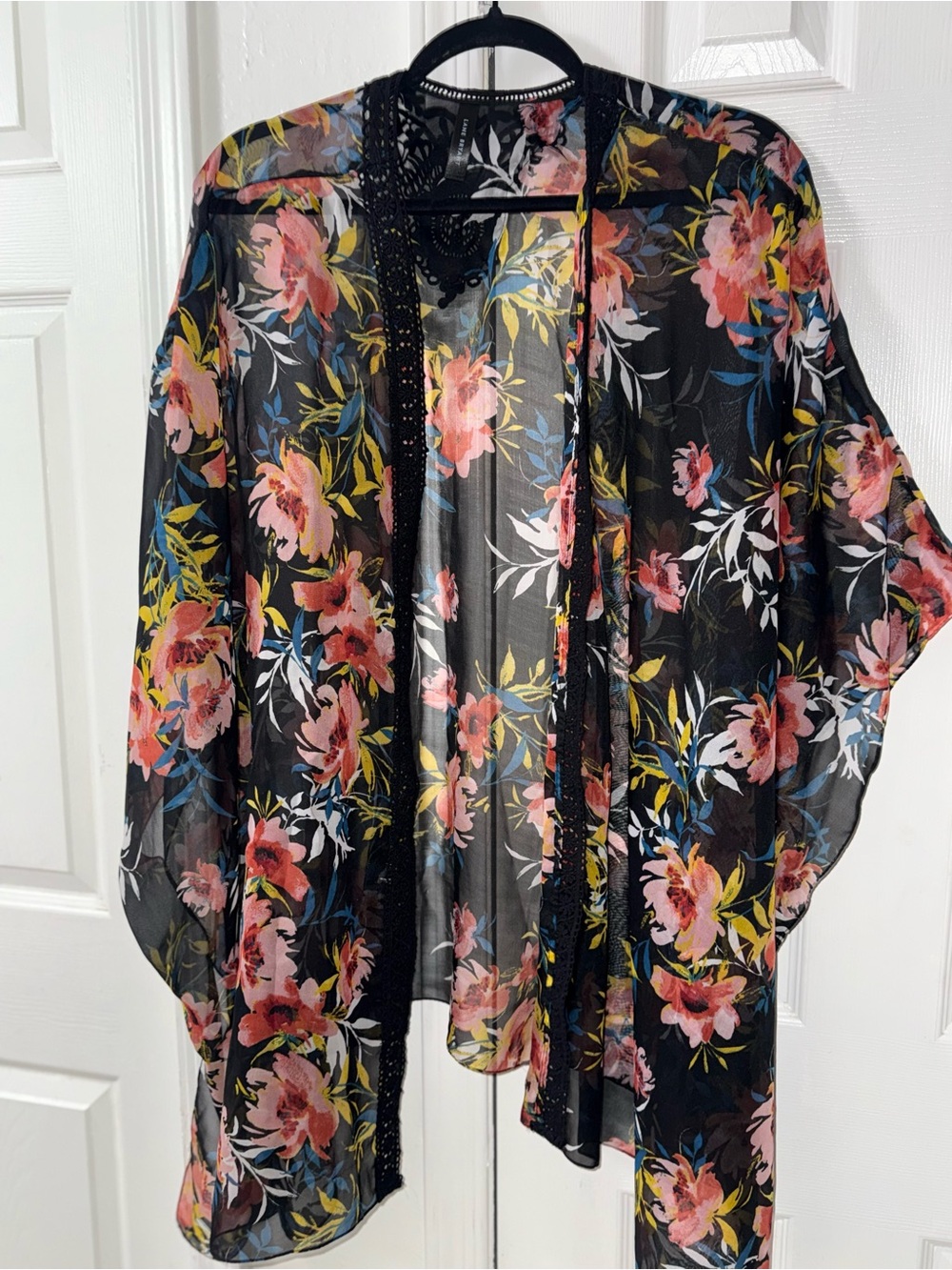 Sheer Floral Kimono Cover-Up in Black with Pink Flowers